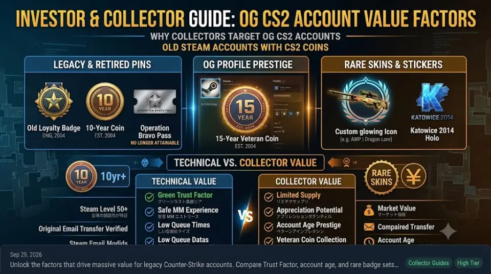 High tier CS2 profile showcase displaying rare loyalty badges, legacy coins, and elite inventory skins