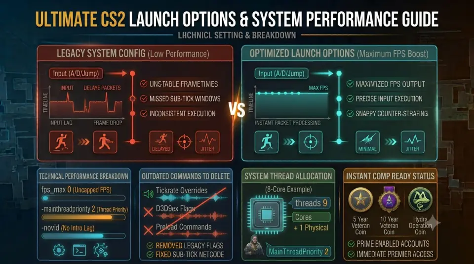Counter-Strike 2 Steam launch properties window open next to system task manager and performance monitor graphs