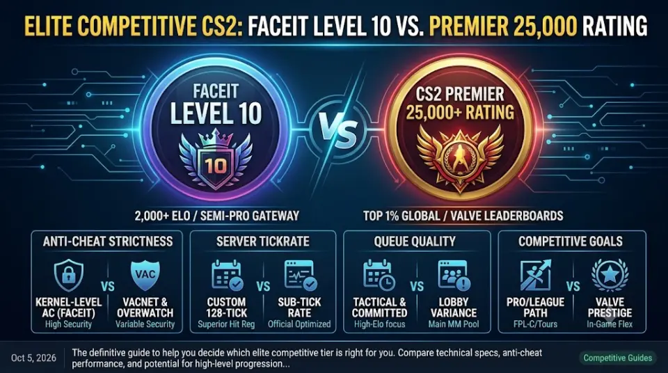 Competitive CS2 gameplay comparison display highlighting FACEIT Level 10 badge versus CS2 Premier 25,000 rating badge