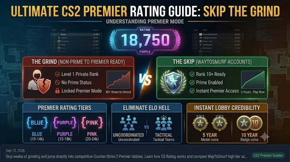 Counter-Strike 2 lobby menu demonstrating global leaderboards and Premier Rating color brackets