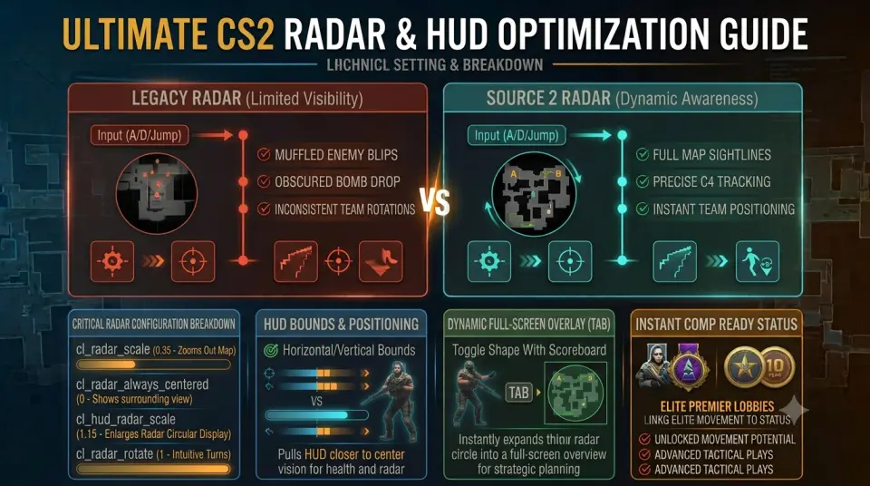 Counter-Strike 2 gameplay interface showing zoomed-out dynamic radar vs default obstructed minimap