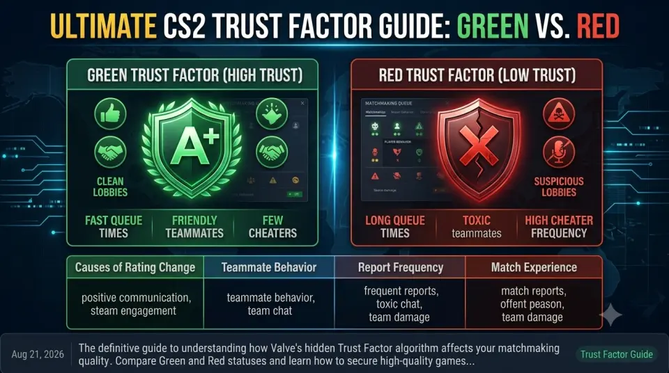 Counter-Strike 2 Trust Factor status interface displaying a Green Trust Factor shield emblem next to lobby matchmaking queue