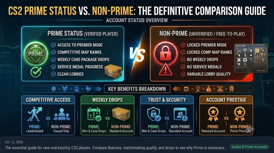 Counter-Strike 2 lobby menu highlighting Prime Status enabled badge versus non-prime status