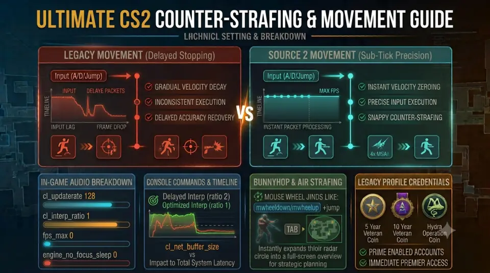Counter-Strike 2 character model counter-strafing at a corner angle showing velocity vector dropping to zero for perfect shot accuracy
