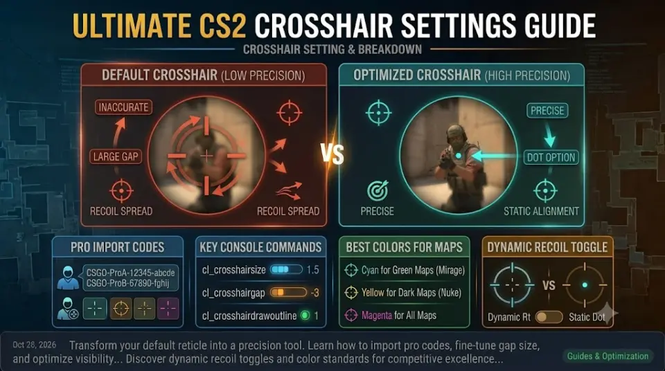 Counter-Strike 2 crosshair customization menu showing static dot vs dynamic reticle comparison