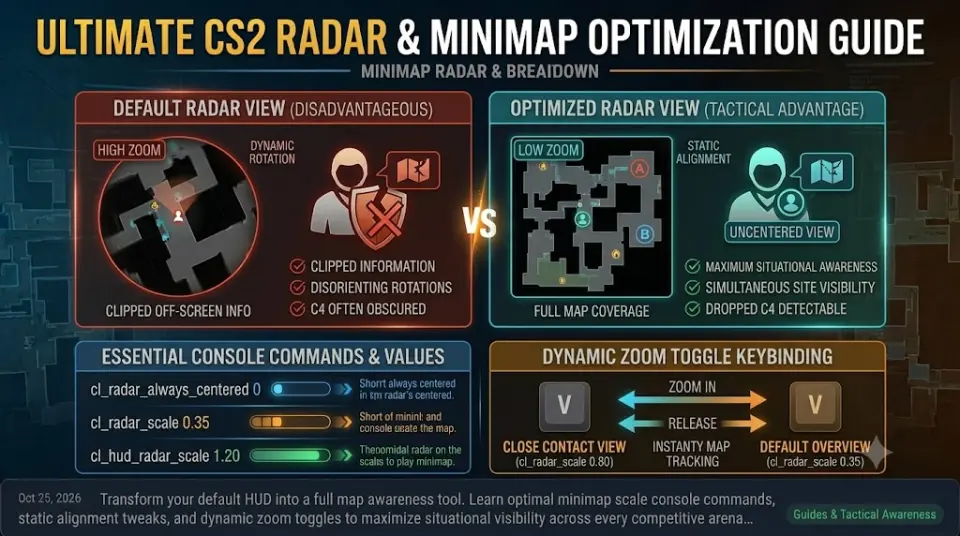 Counter-Strike 2 minimap comparison showing default centered view vs zoomed-out full map radar overlay