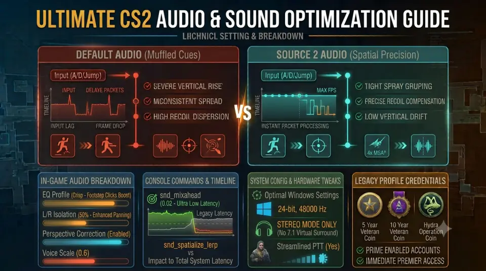 Counter-Strike 2 audio settings menu displayed next to directional sound wave diagram around player character