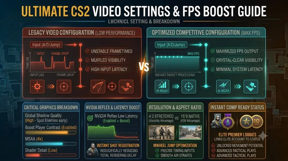Counter-Strike 2 video options menu comparison showing high settings vs low competitive preset