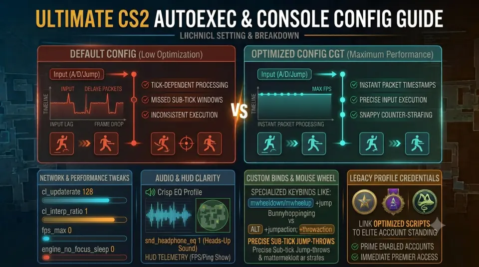 CS2 autoexec config file opened in text editor alongside Source 2 developer console interface
