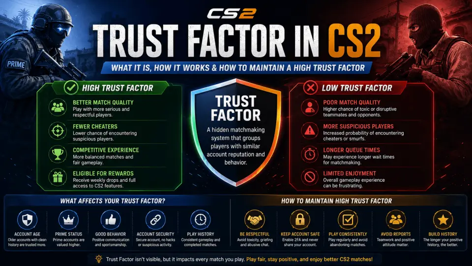 CS2 Trust Factor guide explaining matchmaking reputation and account quality in Counter Strike 2