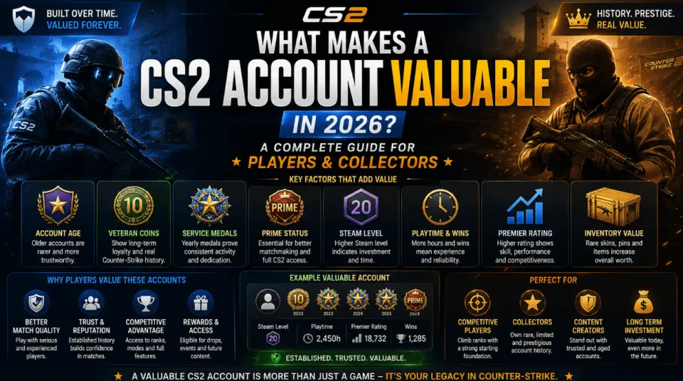 What makes a CS2 account valuable in 2026 including service medals veteran coins premier rating and account history