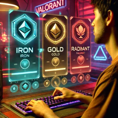 A visually engaging Valorant-themed image showing a player selecting an account with different rank tiers displayed.