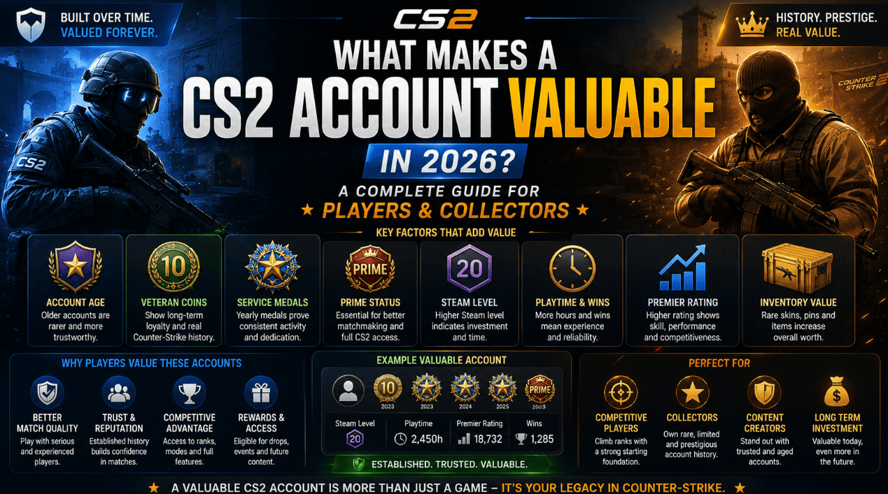 What makes a CS2 account valuable in 2026 including service medals veteran coins premier rating and account history
